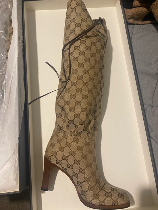 Gucci Shoes - Gucci Beige Monogram Knee-High Lace-Up Heel Boot